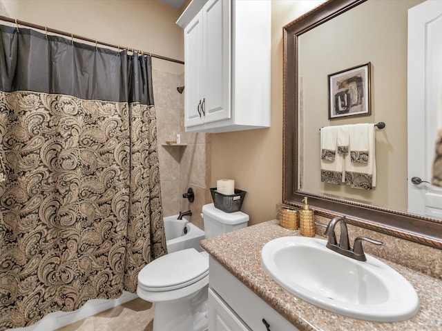 full bathroom with vanity, shower / bath combination with curtain, and toilet