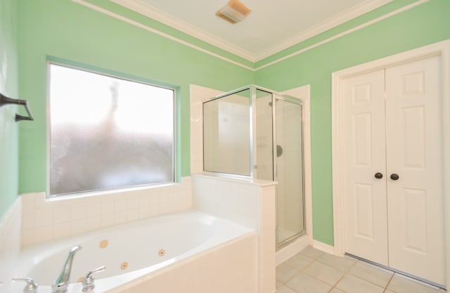 bathroom featuring tile patterned flooring, shower with separate bathtub, a wealth of natural light, and crown molding