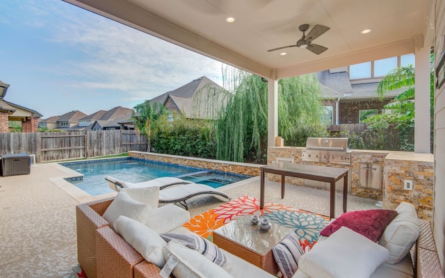 view of pool with area for grilling, cooling unit, an outdoor hangout area, ceiling fan, and a patio area