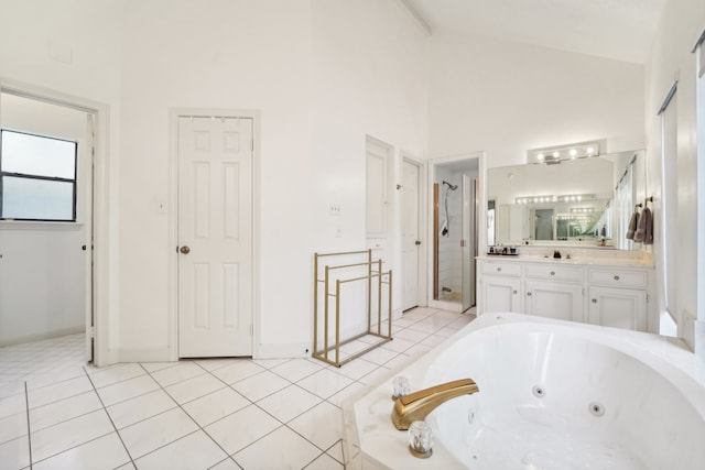 bathroom featuring tile patterned flooring, vanity, shower with separate bathtub, and high vaulted ceiling