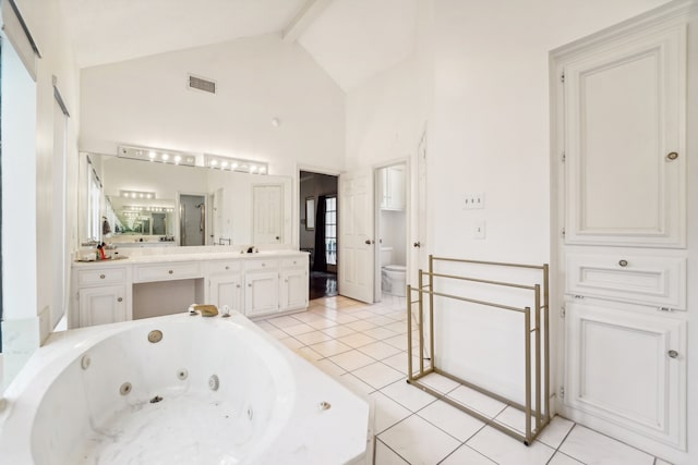 bathroom featuring vanity, high vaulted ceiling, tile patterned flooring, toilet, and beam ceiling