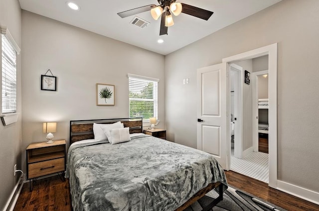 bedroom featuring ceiling fan and dark wood-type flooring