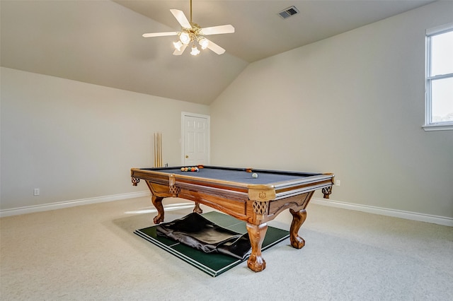 recreation room with carpet flooring, ceiling fan, lofted ceiling, and pool table