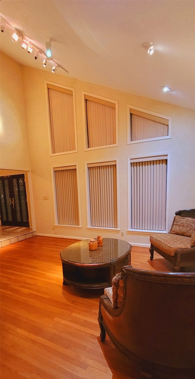 living area with hardwood / wood-style flooring and a towering ceiling