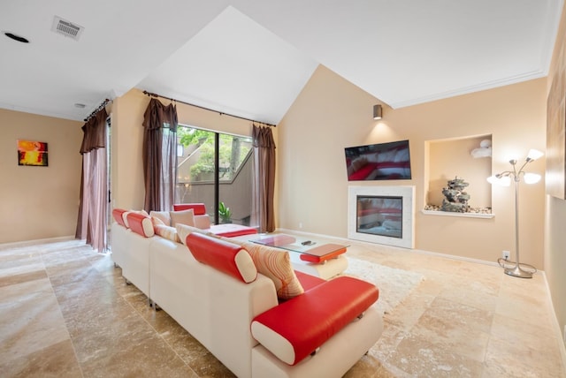 living room with ornamental molding