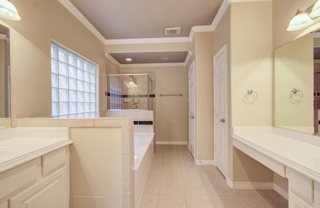 bathroom featuring tile patterned floors, vanity, crown molding, and plus walk in shower