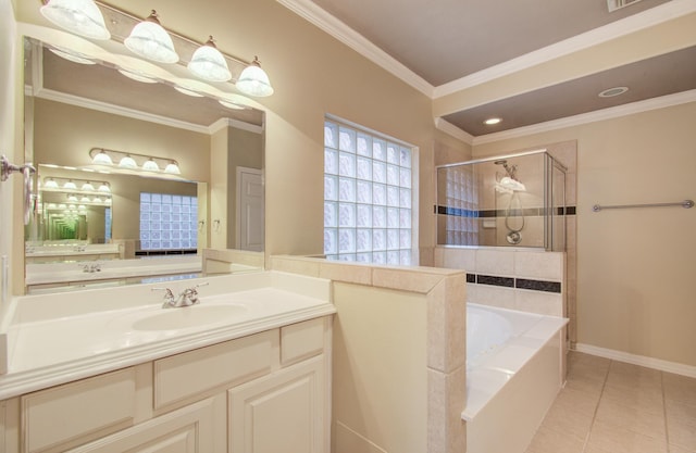 bathroom with separate shower and tub, tile patterned flooring, vanity, and ornamental molding