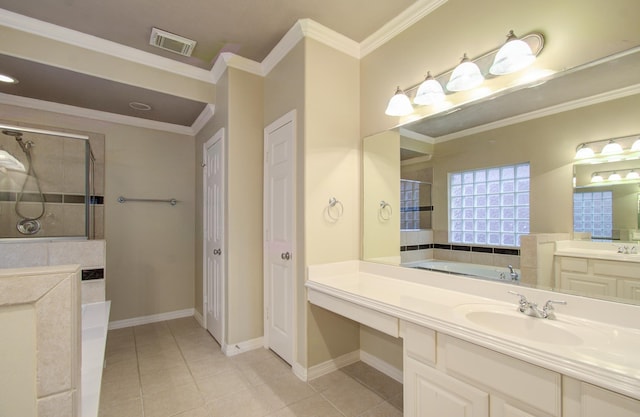 bathroom featuring tile patterned floors, crown molding, vanity, and independent shower and bath