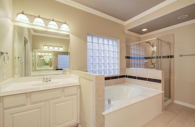 bathroom featuring separate shower and tub, tile patterned flooring, vanity, and ornamental molding