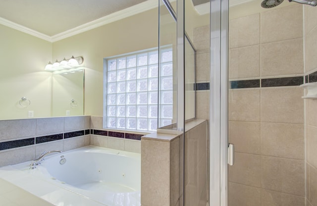 bathroom featuring ornamental molding and plus walk in shower