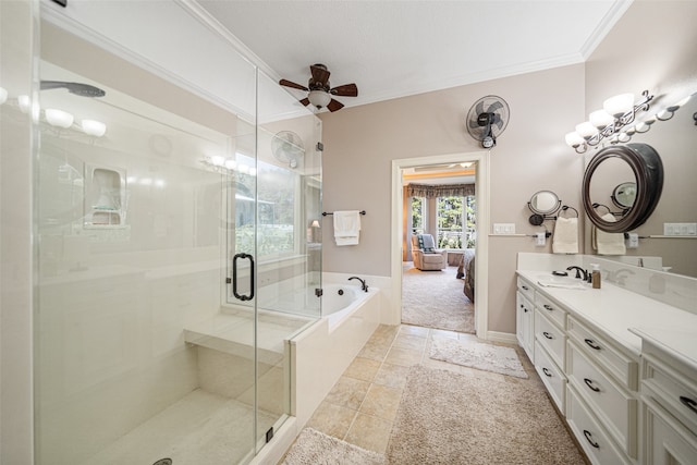 bathroom with tile patterned floors, ornamental molding, vanity, ceiling fan, and plus walk in shower