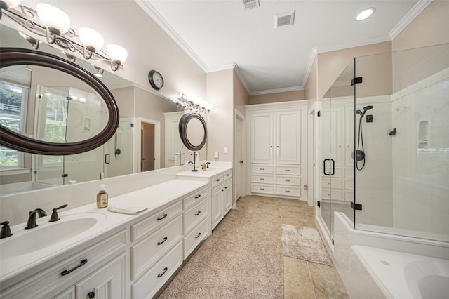 bathroom featuring tile patterned floors, vanity, plus walk in shower, and ornamental molding