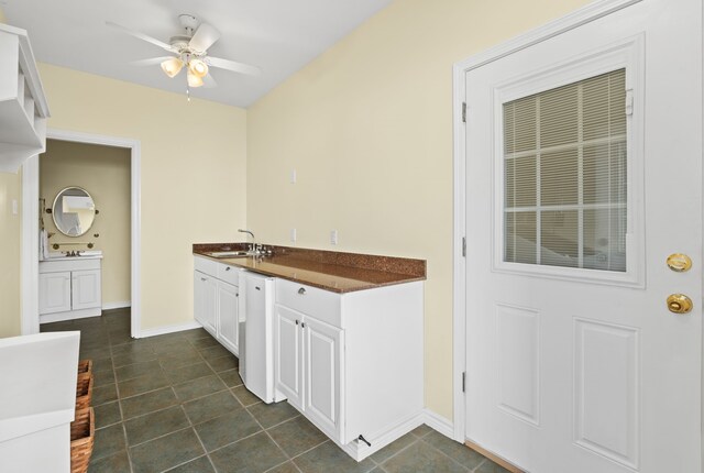 kitchen featuring ceiling fan, sink, white dishwasher, white cabinets, and dark tile patterned flooring