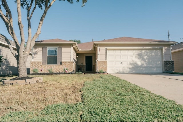 ranch-style home featuring a front yard and a garage