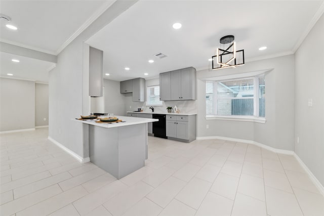 kitchen featuring gray cabinetry, dishwasher, light tile patterned floors, and ornamental molding