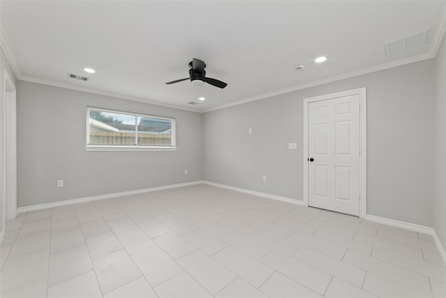 empty room featuring ceiling fan, light tile patterned flooring, and ornamental molding