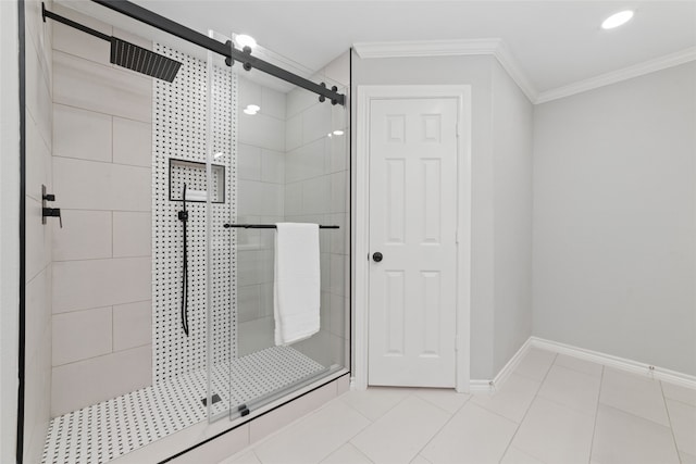 bathroom featuring tile patterned flooring, a shower with door, and ornamental molding