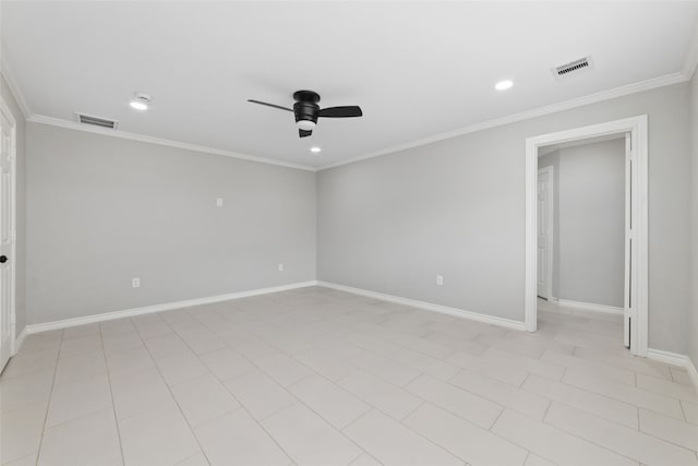 tiled empty room with ceiling fan and ornamental molding