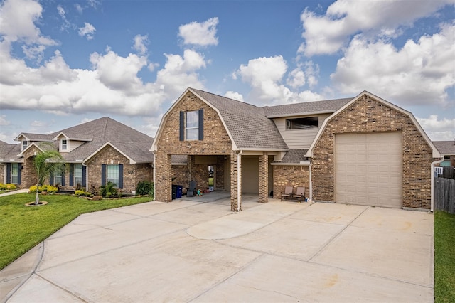 view of front of property featuring a front yard and a garage