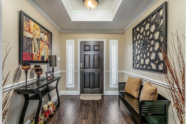 foyer featuring a raised ceiling, dark wood-type flooring, and ornamental molding