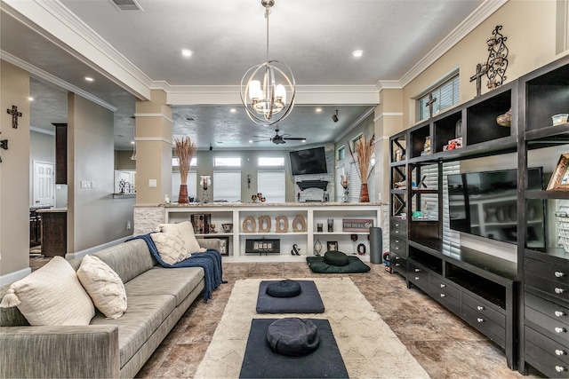 living room with crown molding and ceiling fan with notable chandelier