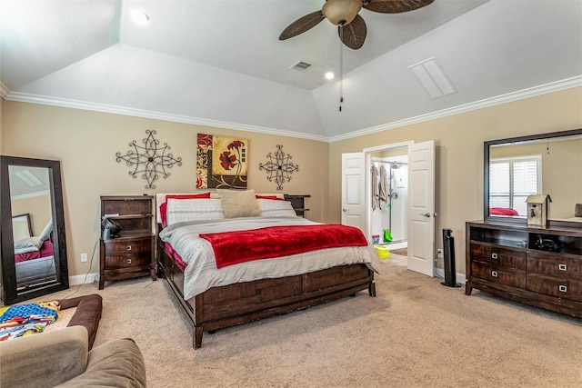 bedroom featuring ceiling fan, light colored carpet, vaulted ceiling, and ornamental molding