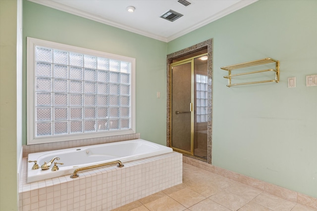 bathroom featuring tile patterned flooring, ornamental molding, and independent shower and bath