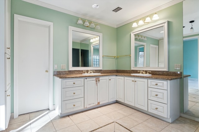 bathroom with vanity, tile patterned floors, and ornamental molding