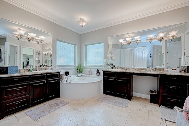 bathroom featuring a washtub, vanity, and ornamental molding