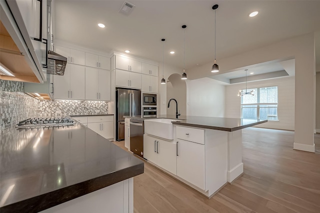 kitchen featuring stainless steel appliances, a spacious island, pendant lighting, light hardwood / wood-style flooring, and white cabinets