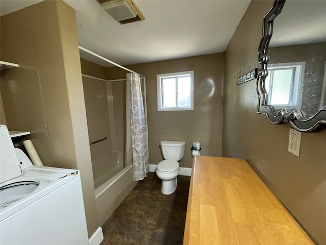 bathroom featuring hardwood / wood-style flooring, toilet, shower / tub combo with curtain, and washer / dryer