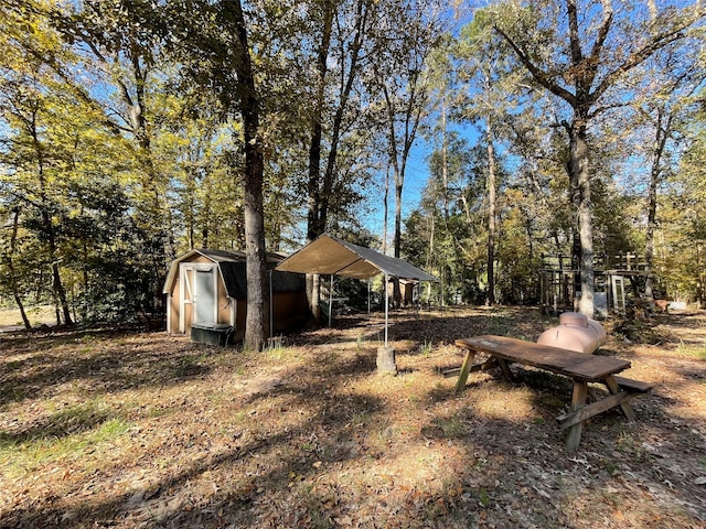 view of yard with a shed