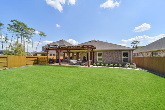 rear view of property with an outdoor living space, a pergola, a patio area, and a lawn