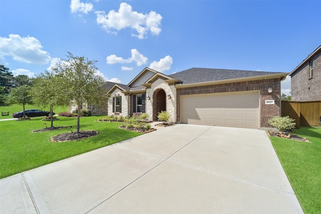 view of front of home with a front yard and a garage