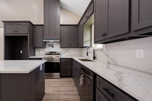 24601 Tipperary St, Hempstead, TX 77445 - kitchen with a sink, stainless steel range with electric stovetop, lofted ceiling, tasteful backsplash, and dishwashing machine