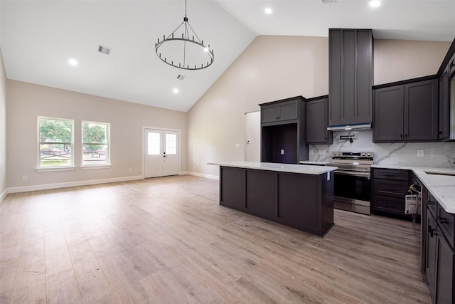 24601 Tipperary St, Hempstead, TX 77445 - kitchen featuring stainless steel range with electric cooktop, high vaulted ceiling, open floor plan, a kitchen island, and visible vents
