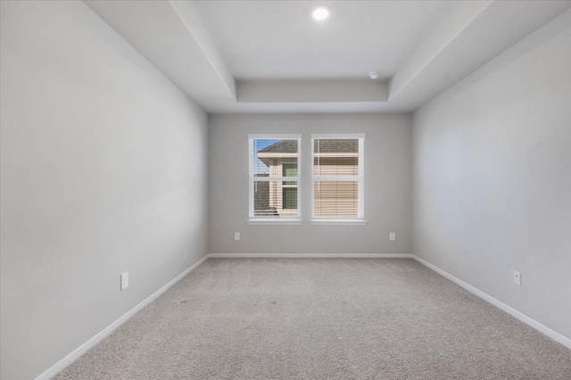 carpeted empty room with a raised ceiling