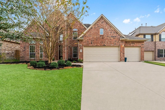 view of front of house with a garage, brick siding, concrete driveway, and a front lawn