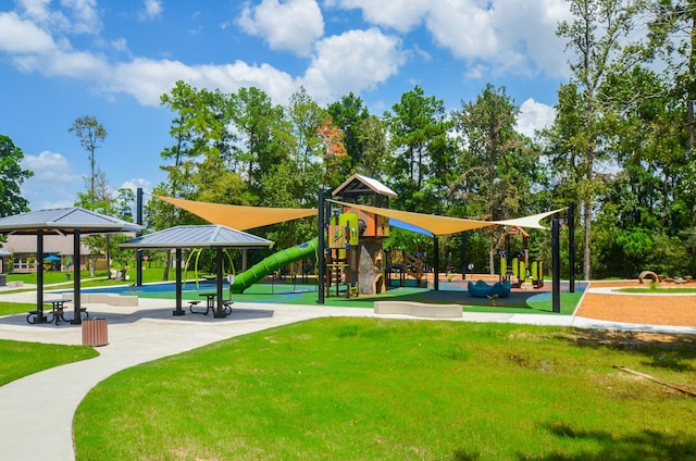 view of play area featuring a gazebo and a lawn