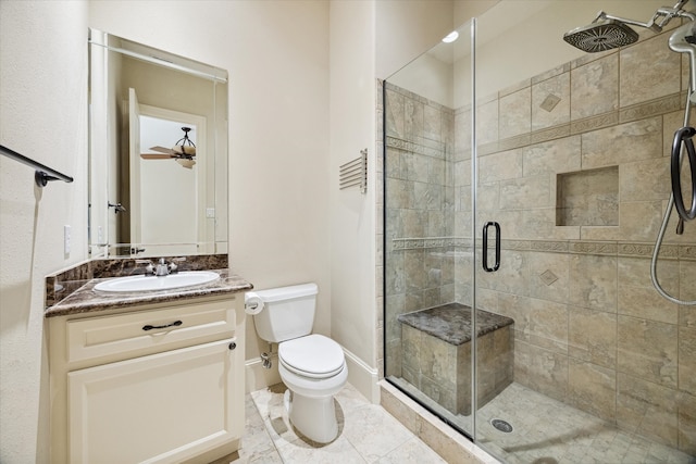 bathroom featuring tile patterned floors, walk in shower, vanity, ceiling fan, and toilet