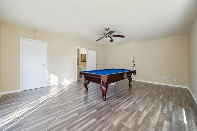 rec room featuring ceiling fan, hardwood / wood-style floors, and billiards