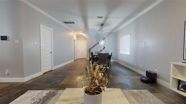 interior space with stairs, ornamental molding, visible vents, and baseboards