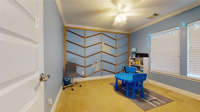 interior space featuring carpet, visible vents, crown molding, and baseboards