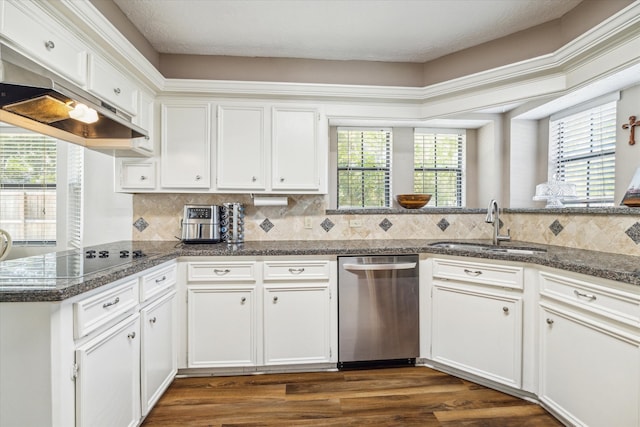 kitchen featuring sink, black electric cooktop, dishwasher, kitchen peninsula, and white cabinets