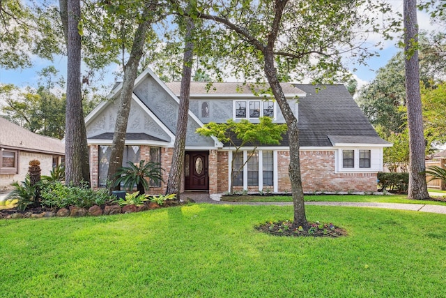 tudor house with a front lawn