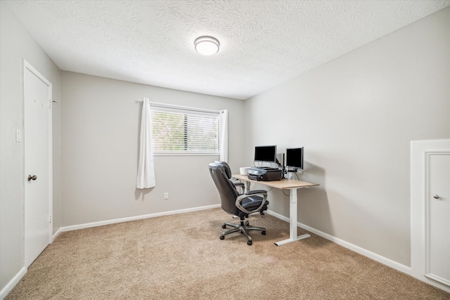 carpeted office space with a textured ceiling