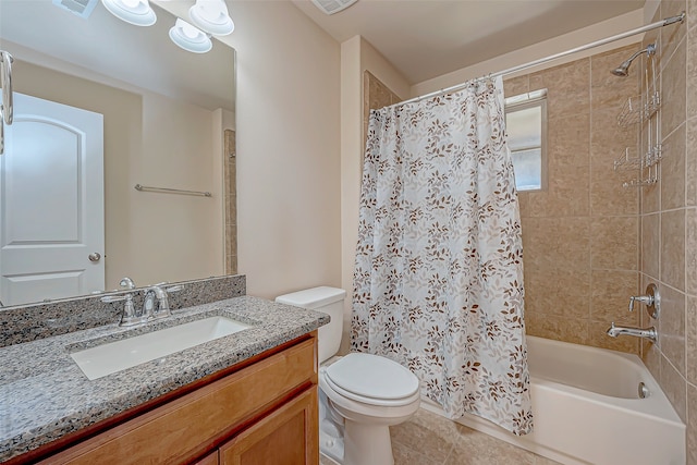 full bathroom with tile patterned flooring, vanity, toilet, and shower / bathtub combination with curtain