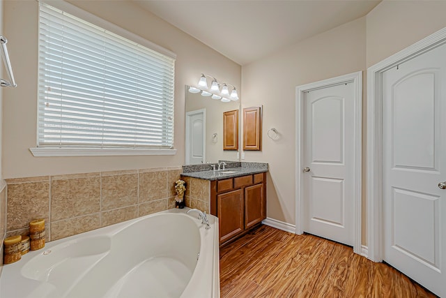 bathroom featuring a washtub, vanity, and hardwood / wood-style flooring