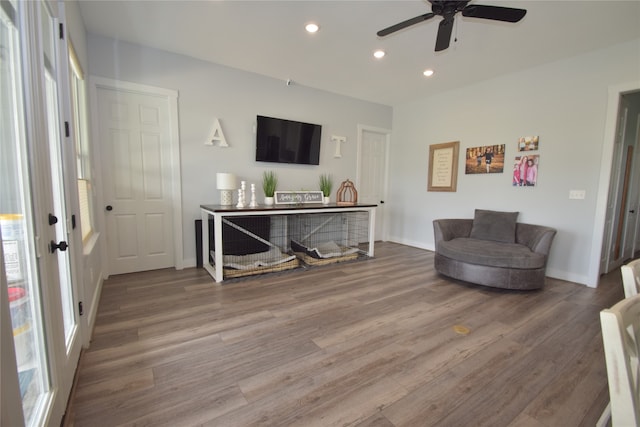 living room with hardwood / wood-style flooring and ceiling fan