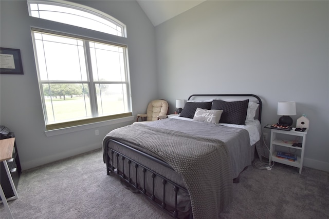 carpeted bedroom featuring lofted ceiling